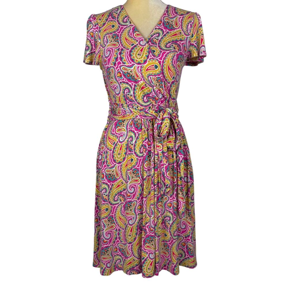 Boden Evangeline Jersey Faux Wrap Dress Pink Paisley Stretch Colorful 8 Petite - Picture 4 of 12